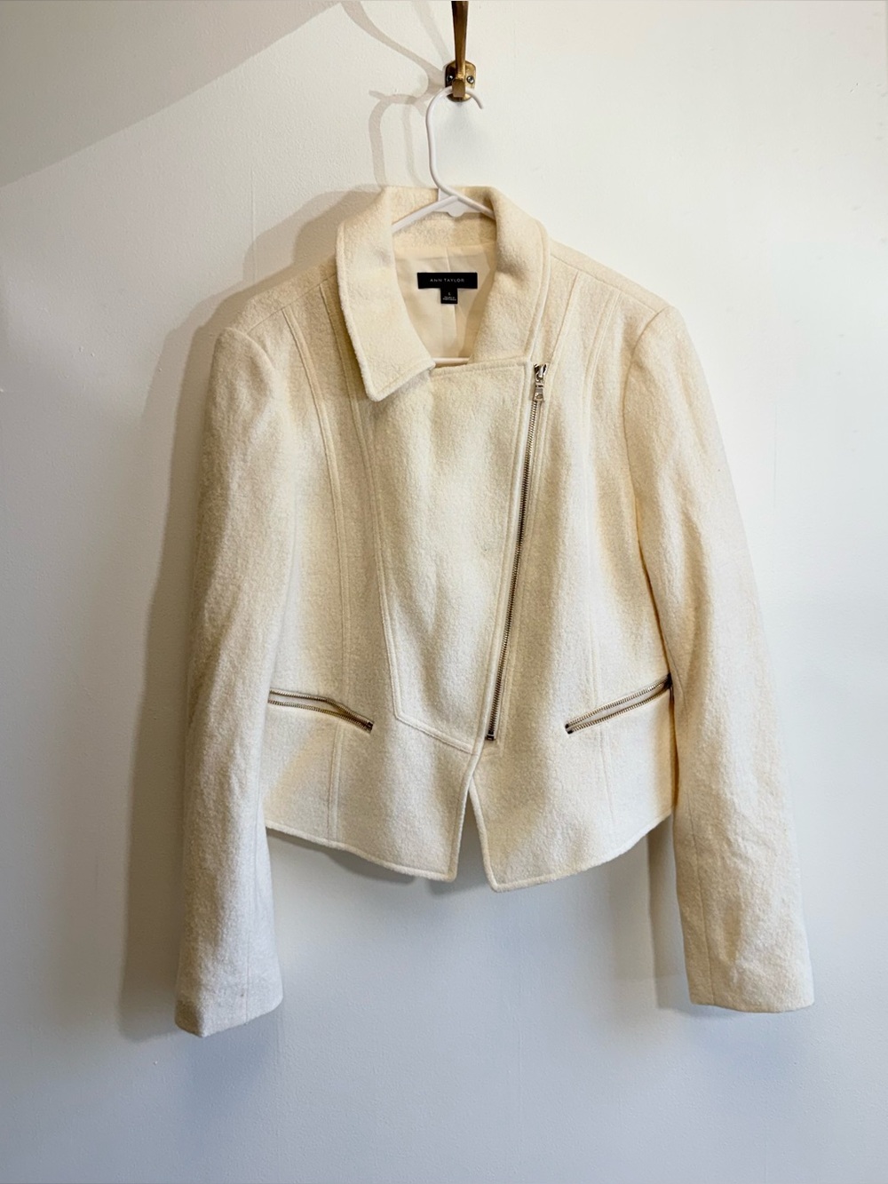 Ann Taylor Cream Ivory Boiled Wool Blend Moto Blazer Jacket Large
